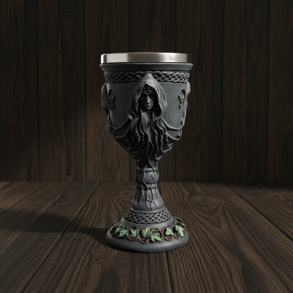 Mother Maiden Crone goblet 8 inches side view showing Triple Goddess figure design.