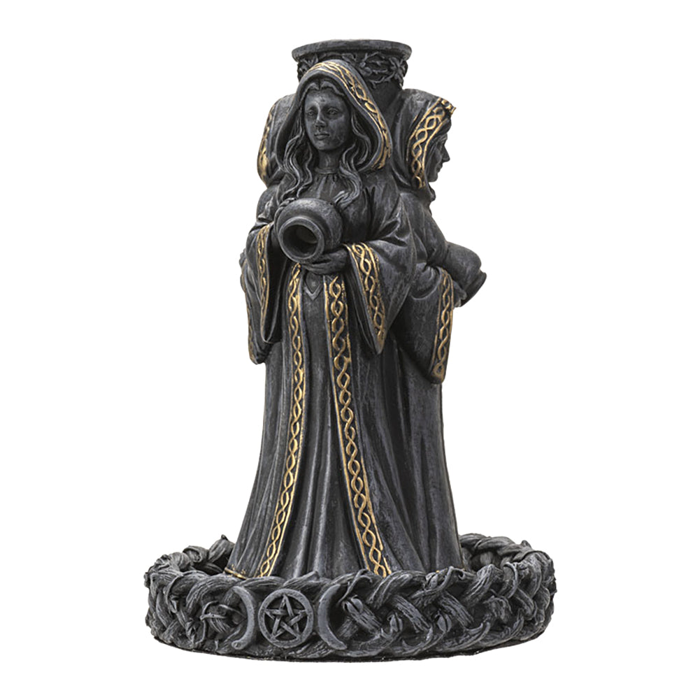Mother, Maiden, Crone incense burner statue for backflow incense cone use in meditation practice, moon rituals, and altar decor.