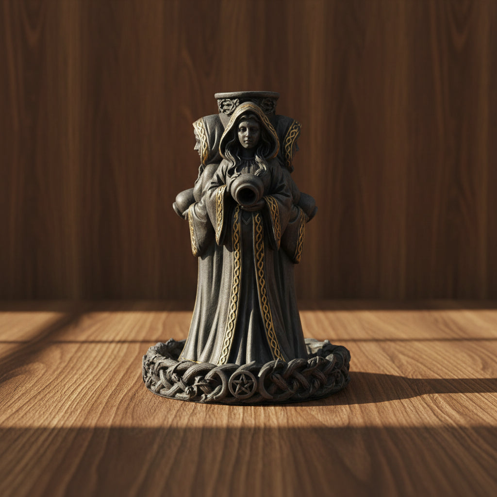 Mother, Maiden, Crone incense burner statue for backflow incense cone use in meditation practice, moon rituals, and altar decor.
