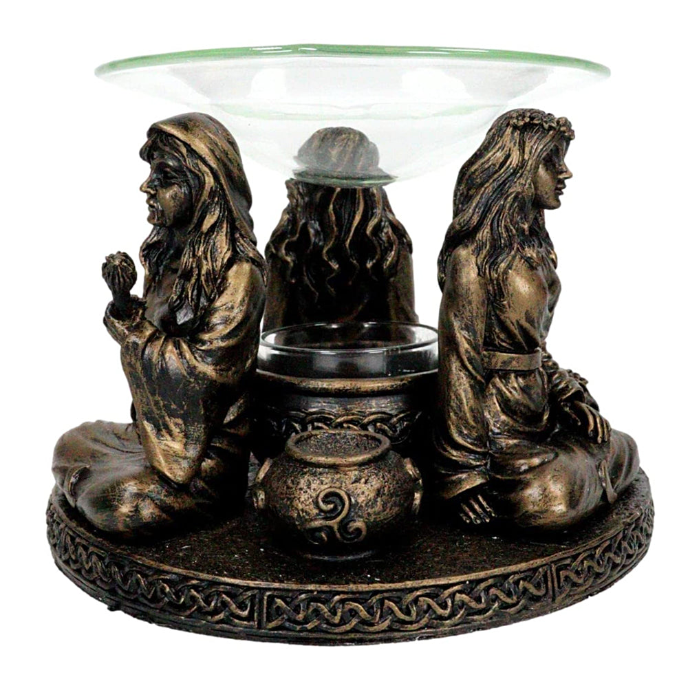 Mother Maiden Crone oil burner close-up detail of carved goddess figures.