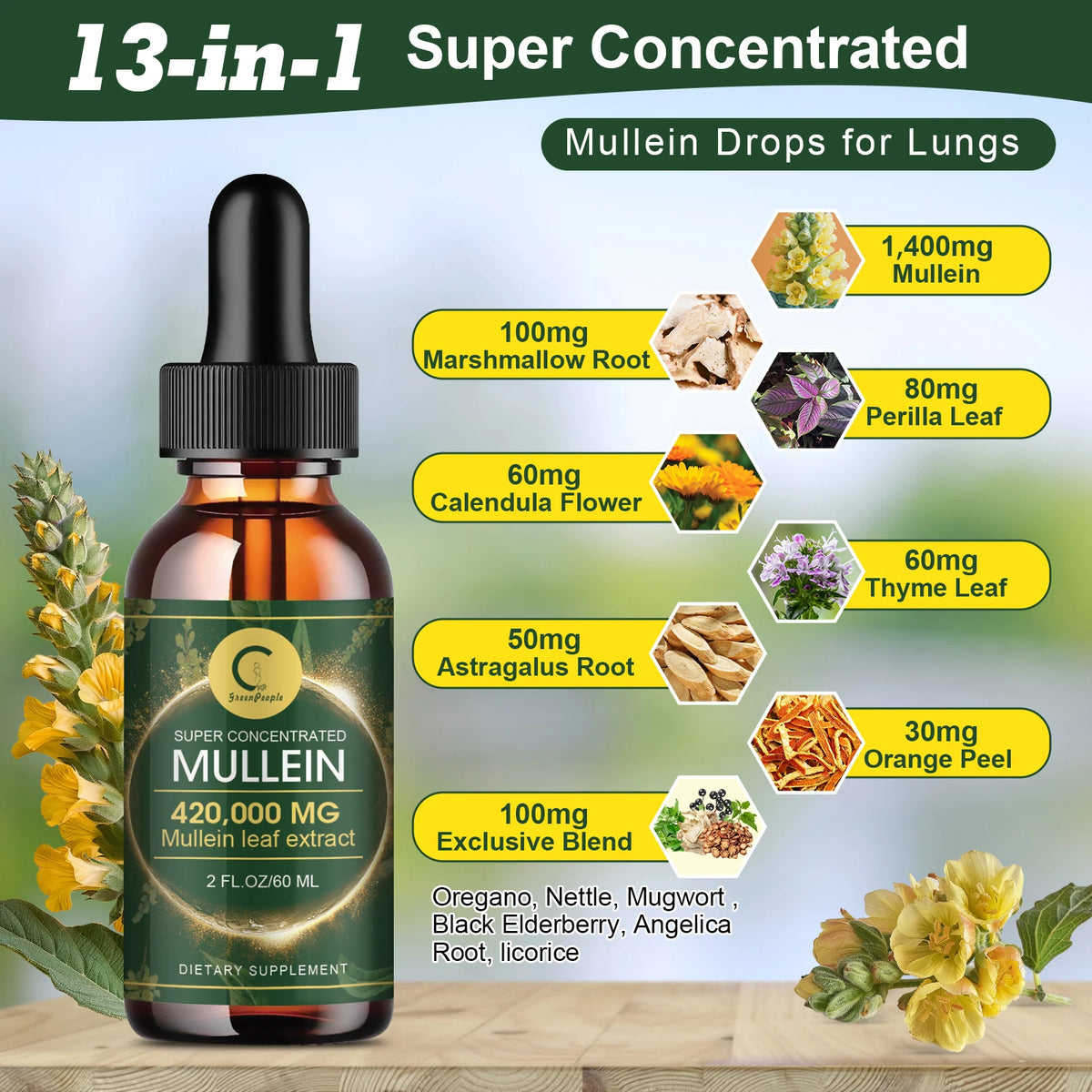 Mullein Leaf Extract Drops tincture bottle for respiratory comfort, lung comfort, and herbal wellness routines.