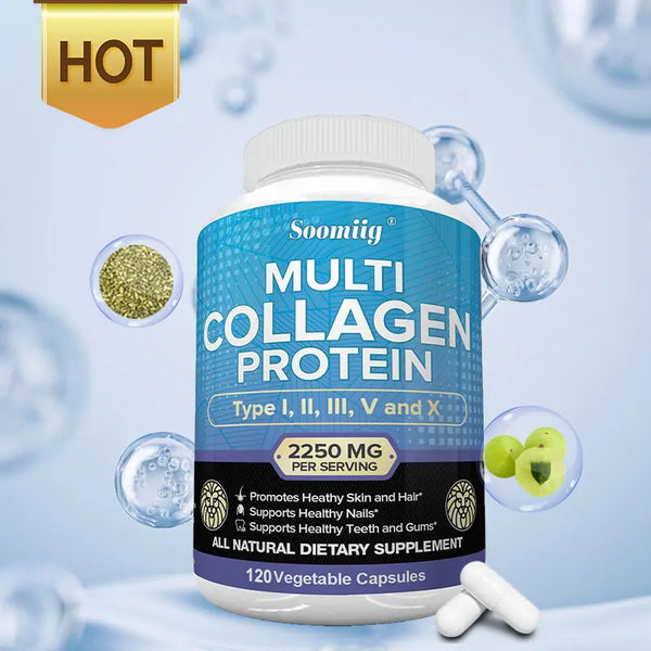 Multi-Collagen Peptides Capsules bottle for hair, skin, and joints daily wellness support.