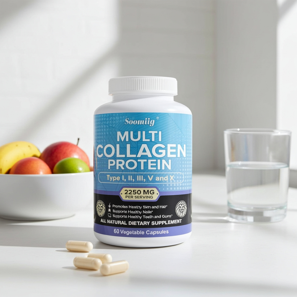 Multi-Collagen supplement capsules bottle for radiant skin support and joint care in daily wellness routines.