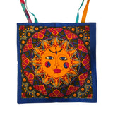 Multi color sun tote bag 18 by 18 inches close-up detail of sun design print.