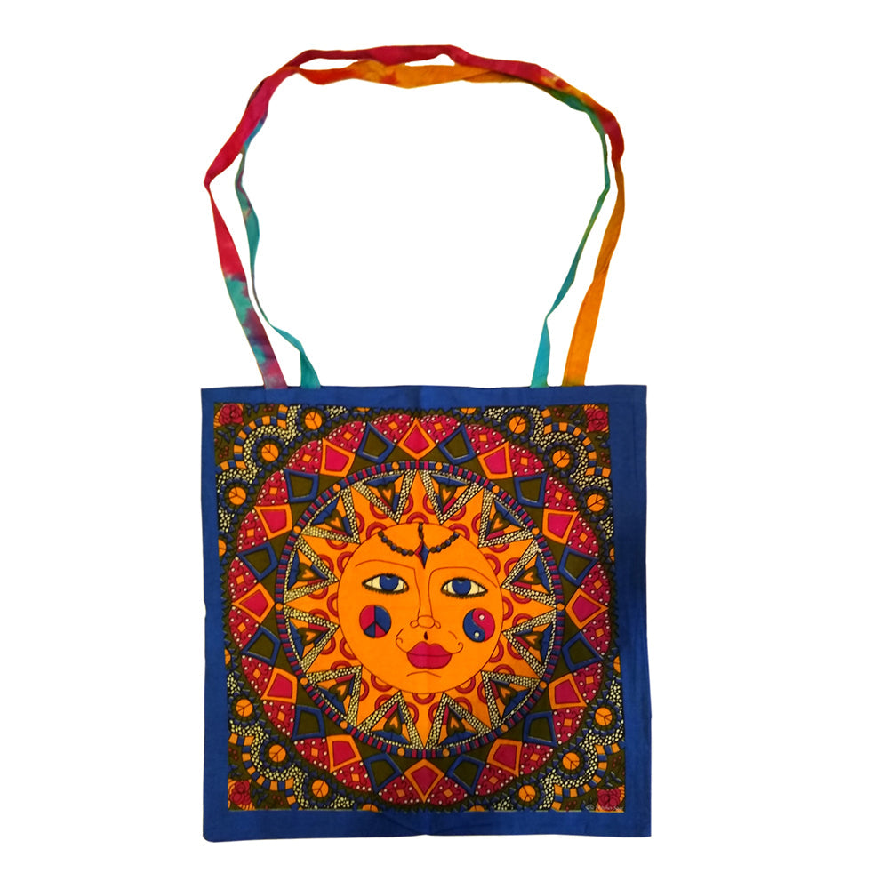 Multi color sun tote bag 18 by 18 inches front view for everyday carrying and market use.