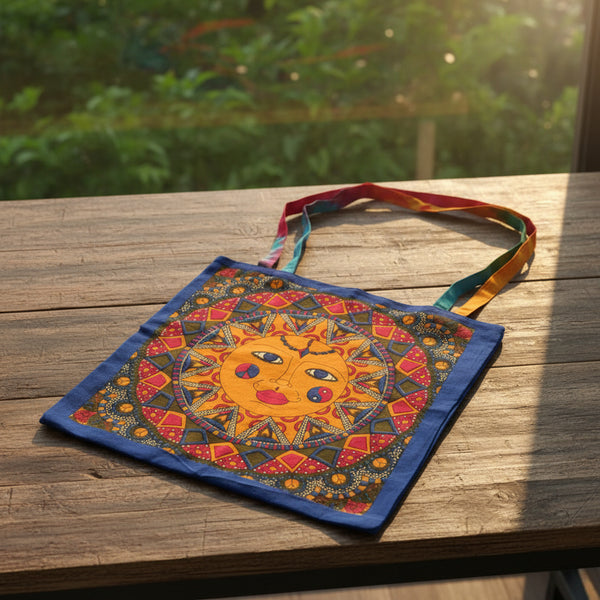 Multi color sun tote bag 18 by 18 inches front view for everyday carrying and market use.