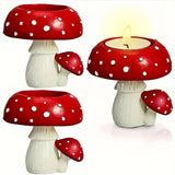 Mushroom shaped resin candle holder for taper candle display, woodland decorating, and cozy accent styling.