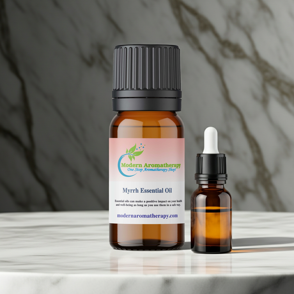 Myrrh essential oil aromatherapy bottle for calming fragrance, home diffusion, and wellness routines.