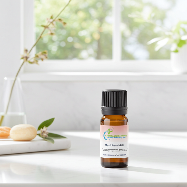 Myrrh essential oil glass bottle for grounding aromatherapy, meditation diffusing, and calming indoor fragrance use.