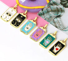 Mystical enamel tarot pendant necklace for boho fashion, spiritual outfits, and everyday accessory wear.