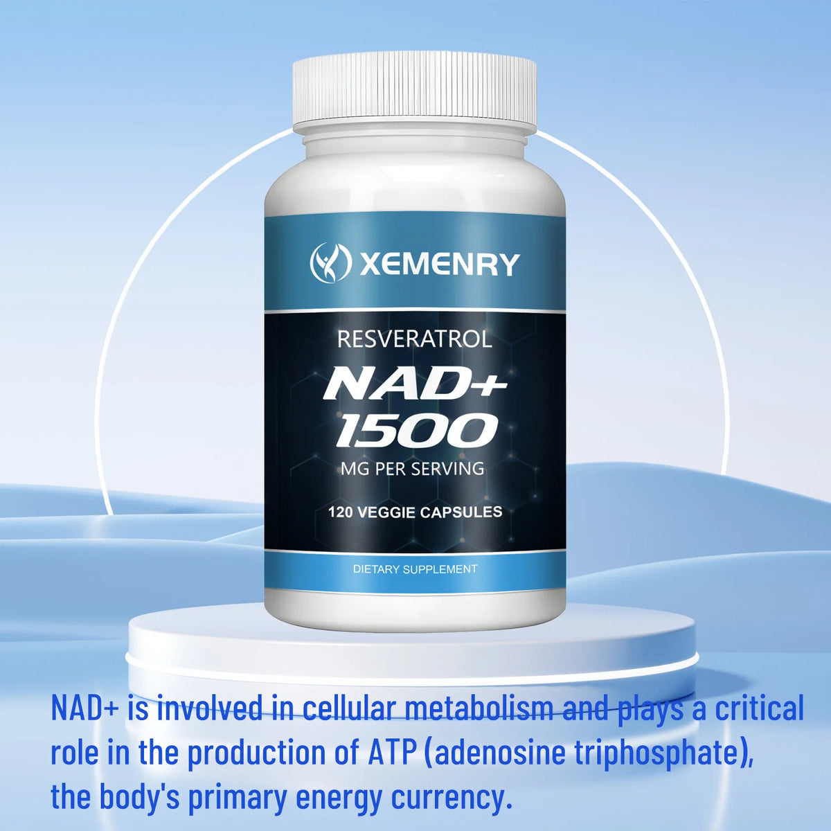 NAD+ resveratrol wellness supplement bottle for daily vitality support, cellular function, and wellness routines.