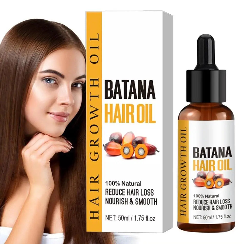 Natural Batana Oil Hair Treatment packaging showing hair growth and repair benefits.