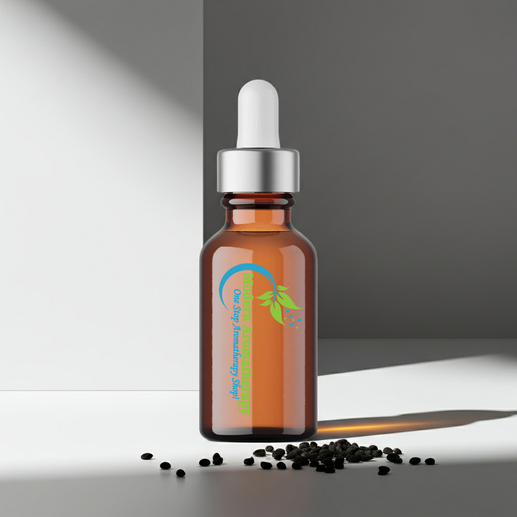 Natural black seed carrier oil bottle for body massage, dry skin care, and beauty oil blending.