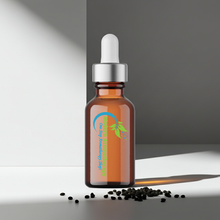 Natural black seed carrier oil bottle for body massage, dry skin care, and beauty oil blending.