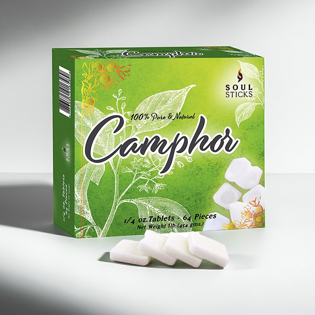 Natural camphor tablets displayed in a lifestyle setting for prayer and ritual cleansing use.
