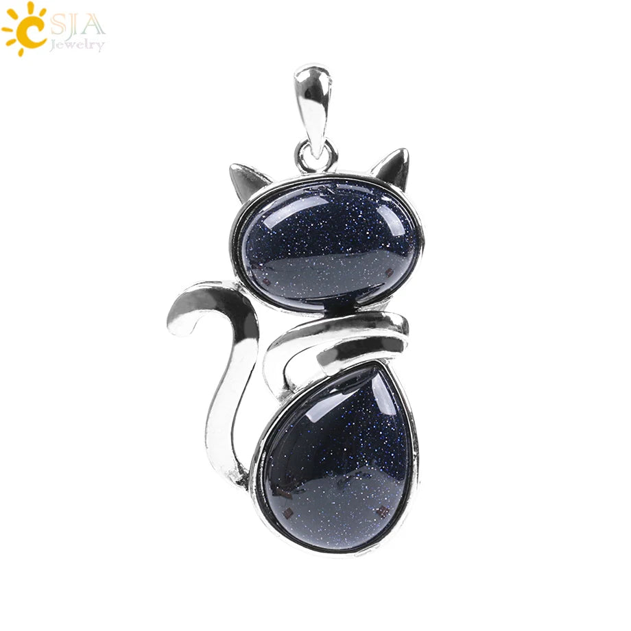 Natural crystal cat pendant necklace for spiritual style, daily accessorizing, and cat inspired fashion looks.