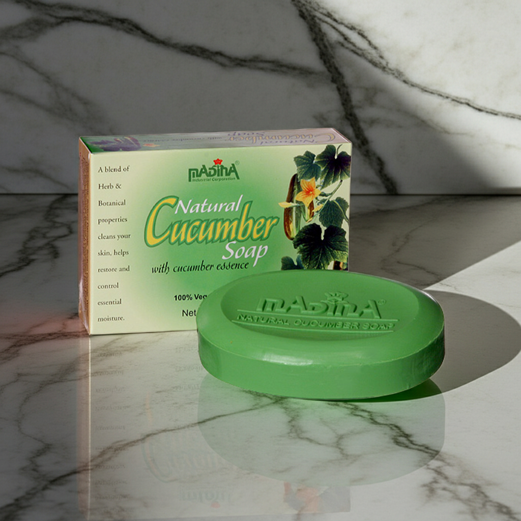 Madina Natural Cucumber Soap bar for bathing, gentle cleansing, and refreshing personal care.