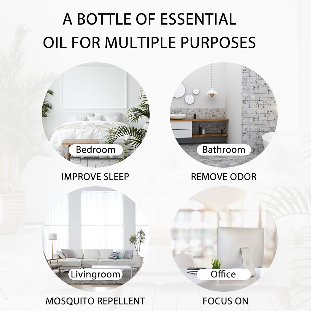 Rooms suggested for PHATOIL essential oil: bedroom, bathroom, living room and office.