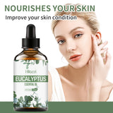 Natural eucalyptus essential oil bottle for body care, moisturizing routines, and massage application.