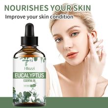 Natural eucalyptus essential oil bottle for body care, moisturizing routines, and massage application.