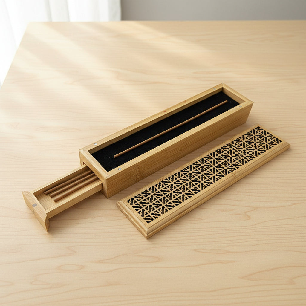 Natural finish wood incense box burner large size open showing incense stick holder slot.