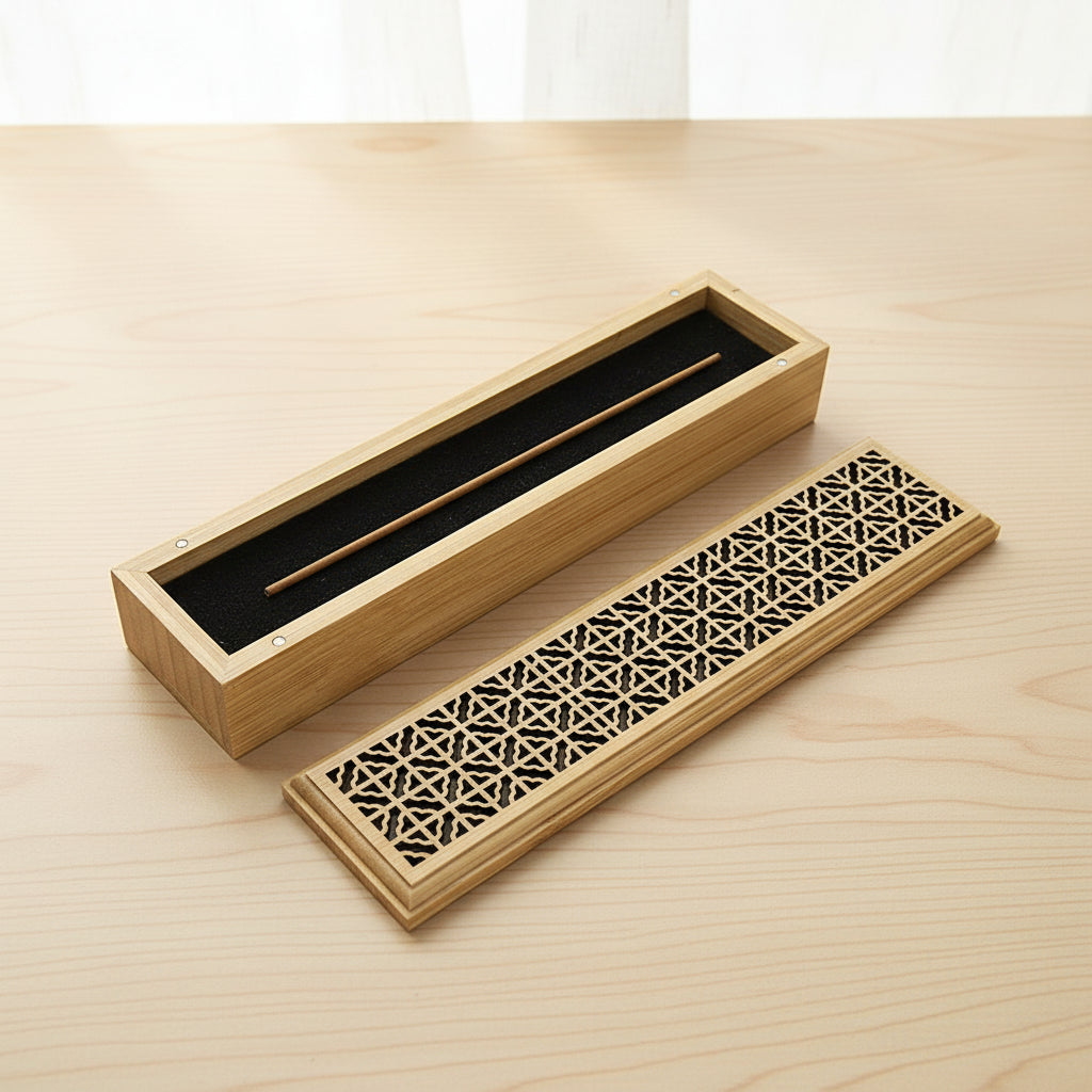 Natural finish wood incense box burner large size side view for altar and incense storage use.