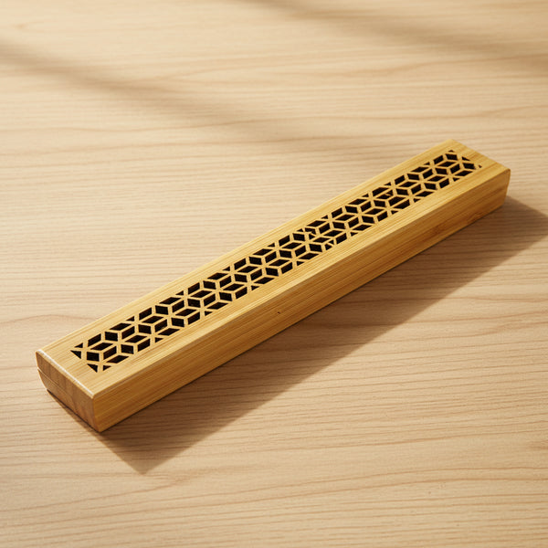 Natural finish wood incense box burner medium size closed for storing incense sticks and ash catching.