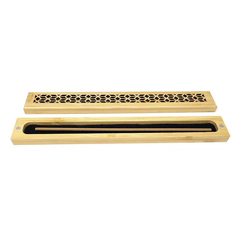 Natural finish wood incense box burner medium size open showing incense stick holder slot.