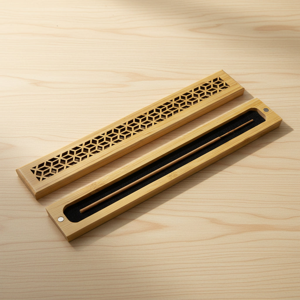 Natural finish wood incense box burner medium size open showing incense stick holder slot.