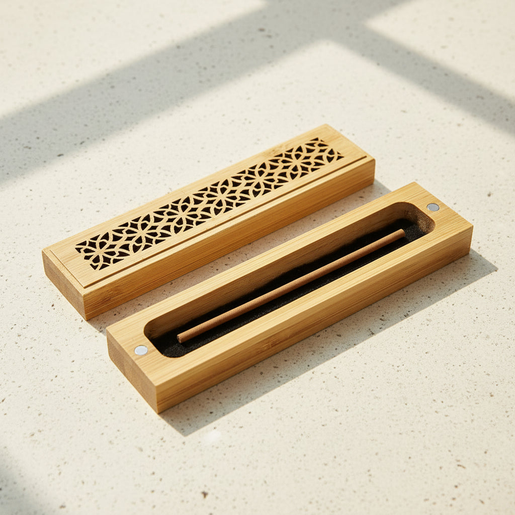 Natural finish wood incense box burner small size close-up detail of natural wood grain finish.