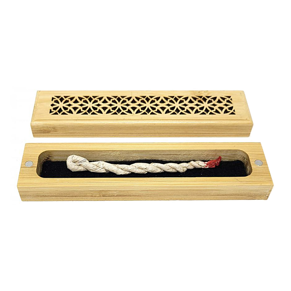 Natural finish wood incense box burner small size open showing incense stick holder slot.