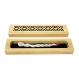 Natural finish wood incense box burner small size open showing incense stick holder slot.