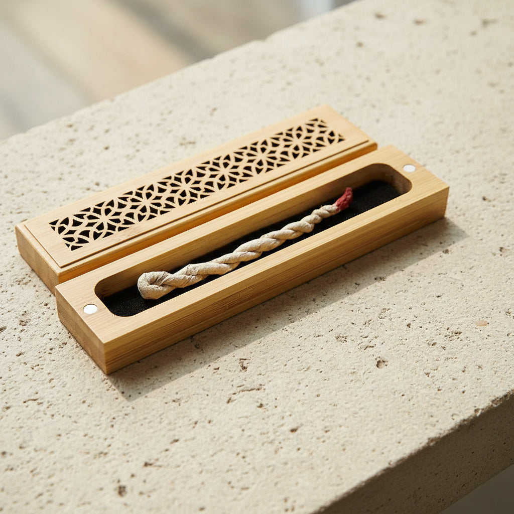 Natural finish wood incense box burner small size open showing incense stick holder slot.