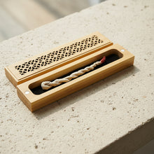 Natural finish wood incense box burner small size open showing incense stick holder slot.