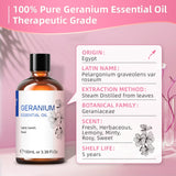 HIQILI Natural Geranium Essential Oil bottle for essential oil mixing, diffuser sessions, and wellness use.