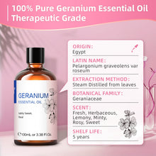 HIQILI Rose Geranium essential oil specification panel — Egypt origin, Pelargonium graveolens var. roseum, steam distilled from leaves