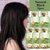 Natural Herbal Hair Dye Shampoo in natural black — woman with long black hair and bottles.