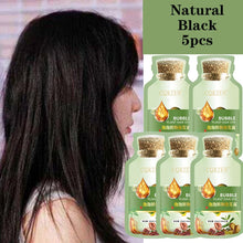 Natural Herbal Hair Dye Shampoo in natural black — woman with long black hair and bottles.