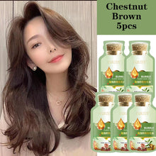 Natural Herbal Hair Dye Shampoo in chestnut brown — woman with color result and packaging.
