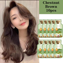 Natural Herbal Hair Dye Shampoo in chestnut brown — woman with color result and product display.