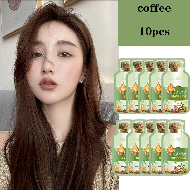Natural Herbal Hair Dye Shampoo in coffee shade — woman with hair and 10-pack product packaging.