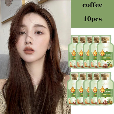 Natural Herbal Hair Dye Shampoo in coffee shade — woman with hair and 10-pack product packaging.