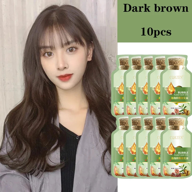 Natural Herbal Hair Dye Shampoo in dark brown — woman with hair and 10-pack product packaging.