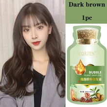 Natural Herbal Hair Dye Shampoo in dark brown — woman with dark hair and product bottle.