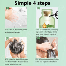Natural Herbal Hair Dye Shampoo step-by-step application instructions on green background.
