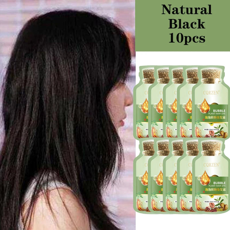 Natural Herbal Hair Dye Shampoo in natural black — product packaging and woman with black hair.