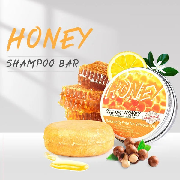 Natural Honey Essence Shampoo Bar for flake-reducing and oil control, shown with packaging on white background.