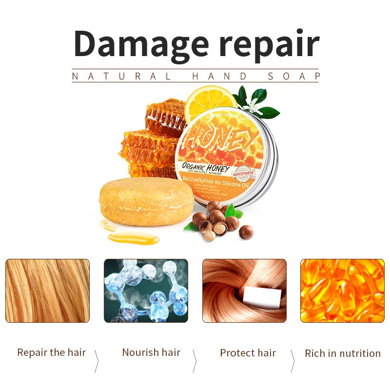 Natural Honey Essence Shampoo Bar highlighting damage repair benefits and natural honey ingredient infographic.