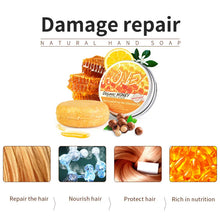 Natural Honey Essence Shampoo Bar highlighting damage repair benefits and natural honey ingredient infographic.