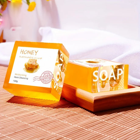 Natural Honey Handmade Soap 2pcs on wooden tray for daily face and body moisturizing cleanse.